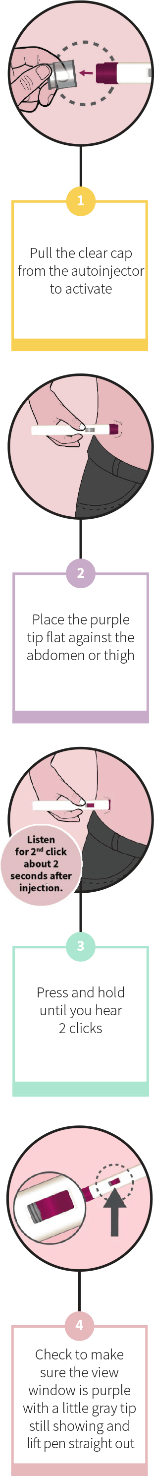To administer Vyleesi, pull the clear cap from the autoinjector to activate. Place the purple tip flat against the abdomen or thigh. Press and hold until you hear 2 clicks. Check to make sure the view window is purple with a little gray tip still showing and lift pen straight out.